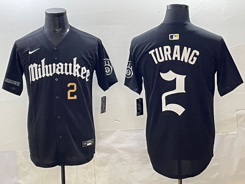 Men 2025 Milwaukee Brewers #2 Turang Black Five generations Joint Name Nike MLB Jersey style 9->los angeles lakers->NBA Jersey